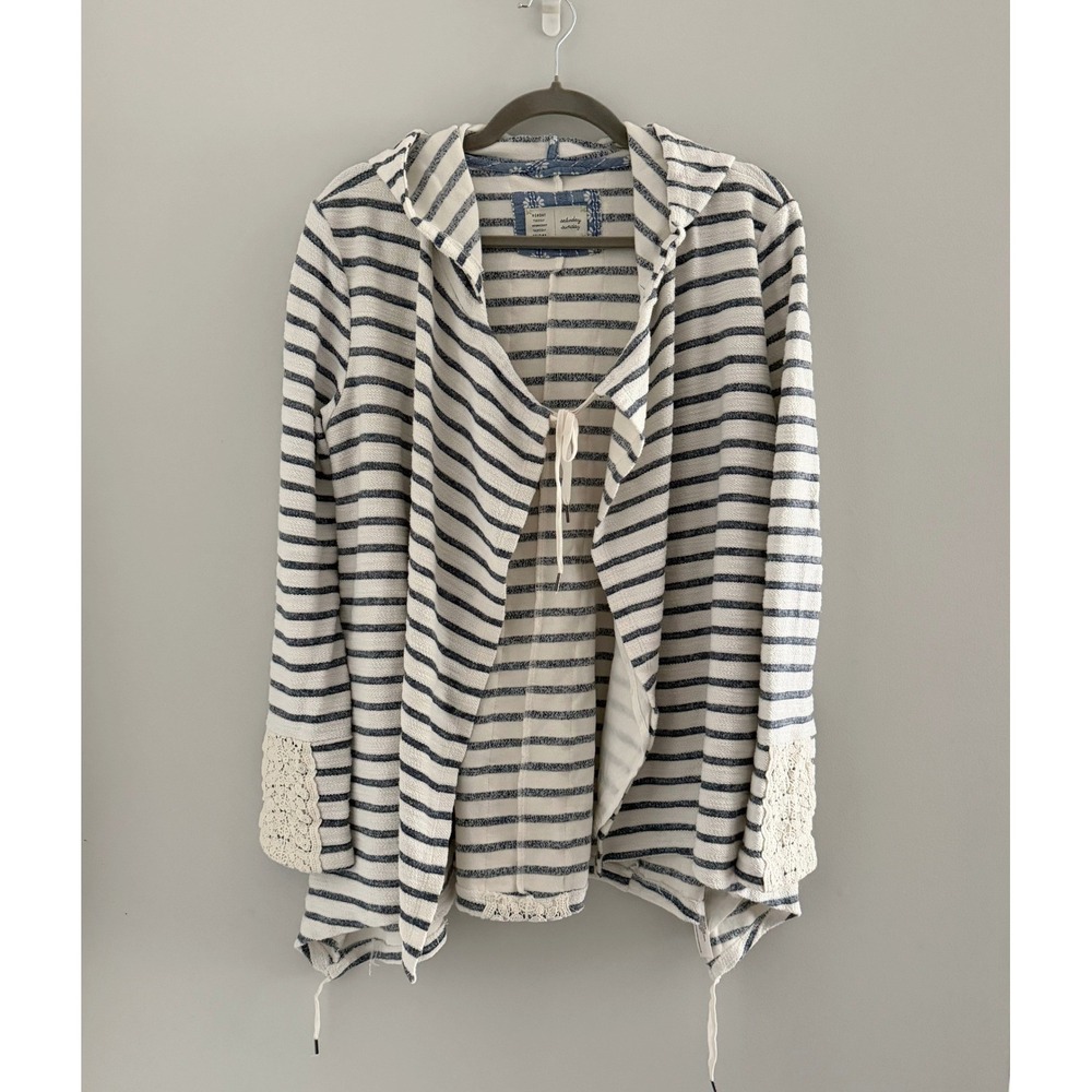 Saturday Sunday Anthropologie Striped Hooded Cardigan Lace Back Blue White Med